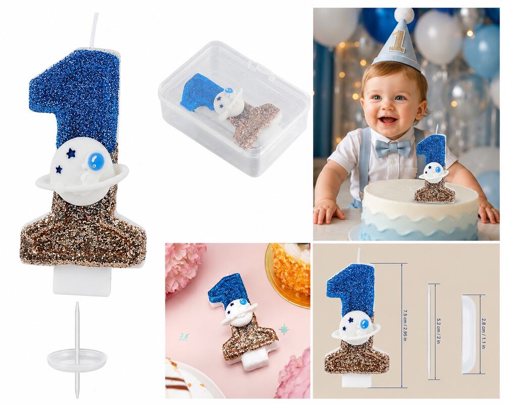 1st Birthday Number 1 Glitter Candle – Blue & Gold Space Planet Cake Topper